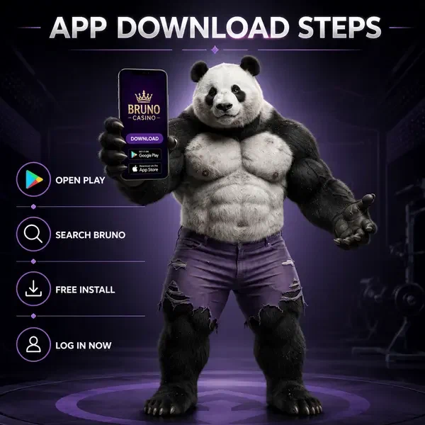 Bruno de Panda demonstreert Bruno Casino app-download op smartphone met zelfverzekerde glimlach
