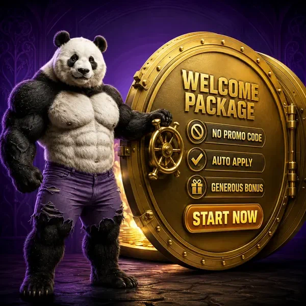 Bruno de gespierde panda bewaakt gouden kluis terwijl speler zich aanmeldt bij Bruno Casino voor welkomstbeloningen