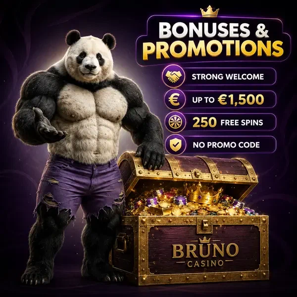 Bruno de Panda toont genereuze Bruno Casino bonussen uit overlopende schatkist
