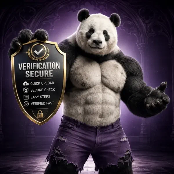 Bruno de panda houdt verificatiebadge vast bij beveiligd identiteitscontrolestation