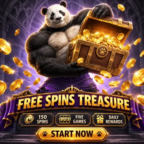 Bruno de Panda houdt schatkist met gratis spins vast op de speelvloer van Bruno Casino