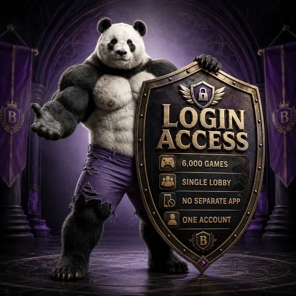 Bruno de Panda staat op wacht met beveiligingsschild terwijl speler inlogt op uitgebreide spellenlobby