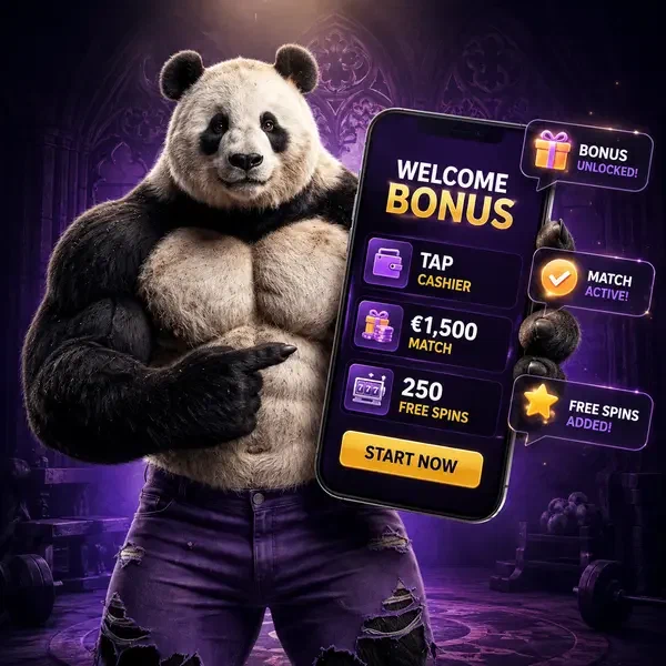 Bruno de Panda presenteert welkomstbonusdetails op smartphonescherm bij mobiele app-interface