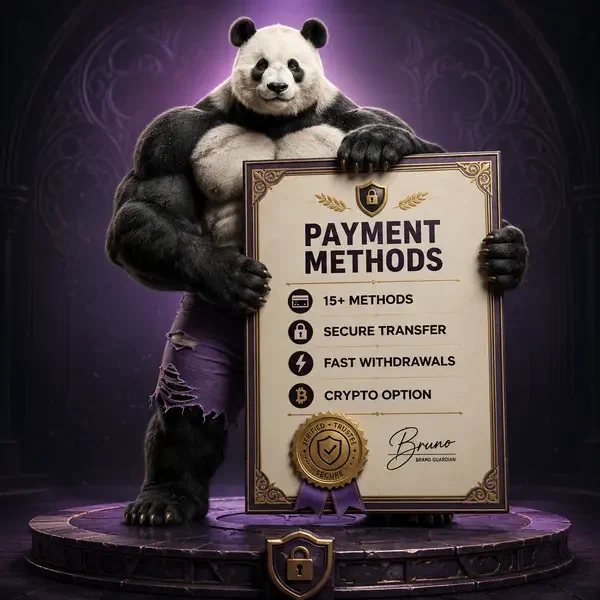 Bruno de Panda toont veilige betaalmethoden bij Bruno Casino met officieel certificaat